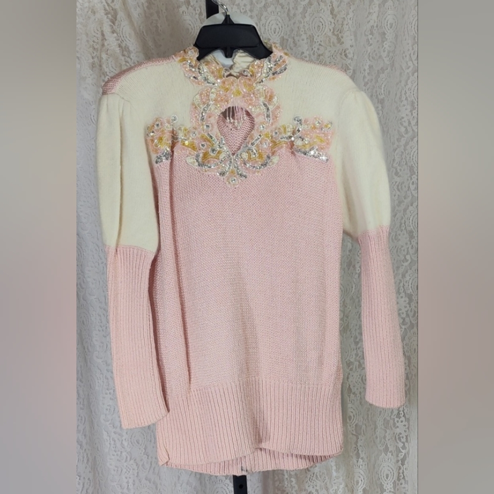 Vintage Alexa Grace Ivory pink bling sweater XL